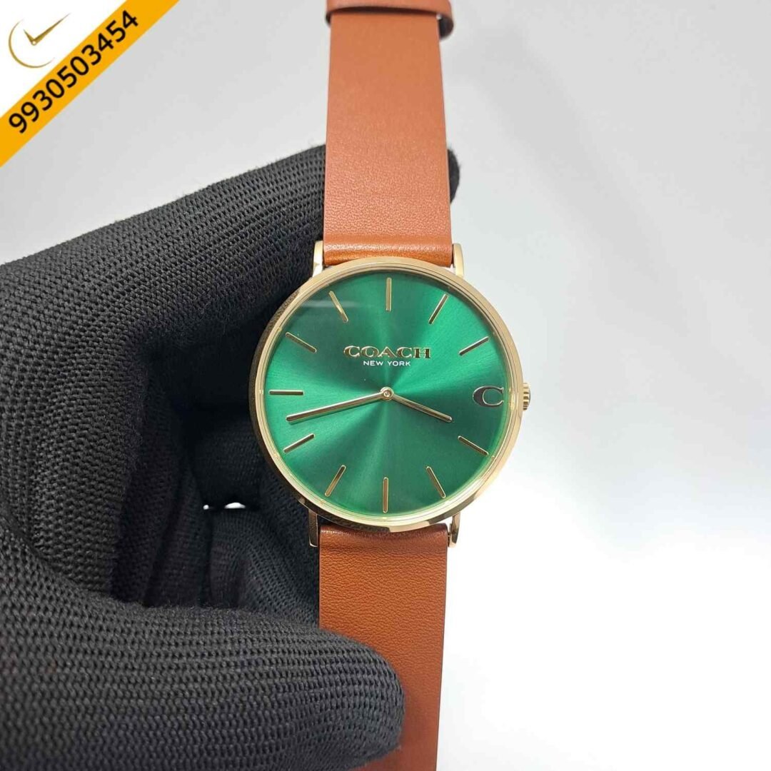 Coach Charles Gold Green Dial Brown Leather Swiss Watch