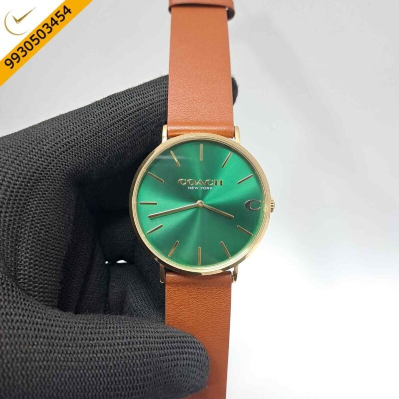 Coach Charles Gold Green Dial Brown Leather Swiss Watch