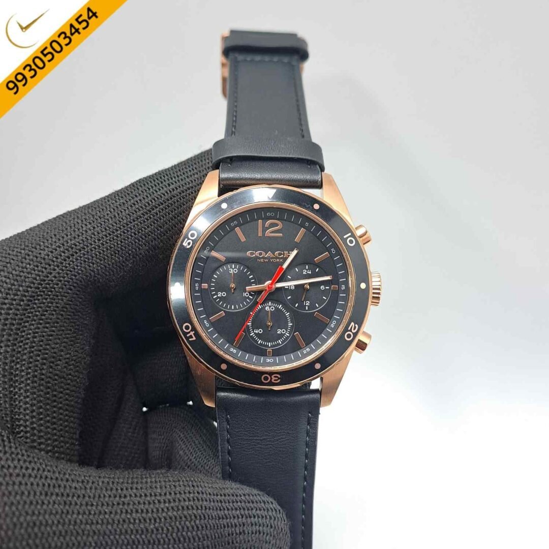 Coach Kent Chronograph Rose Gold Black Dial Black Leather Strap Swiss Watch
