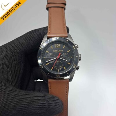 Coach Kent Chronograph Silver Black Dial Brown Leather Strap Swiss Watch