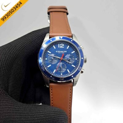 Coach Kent Chronograph Silver Blue Dial Brown Leather Strap Swiss Watch