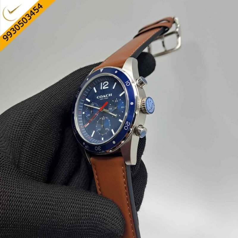 Coach Kent Chronograph Silver Blue Dial Brown Leather Strap Swiss Watch - Image 2