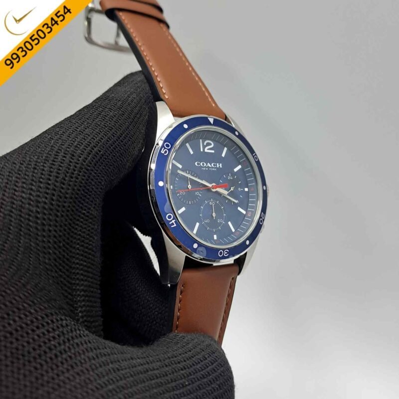 Coach Kent Chronograph Silver Blue Dial Brown Leather Strap Swiss Watch - Image 3