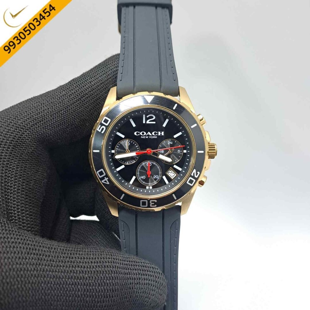 Coach Kent Gold Black Dial Black Rubber Strap Swiss Watch