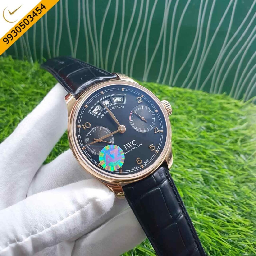 IWC Portugieser Annual Calendar Rose Gold Black Swiss ETA 7750 Valjoux Automatic Movement Watch