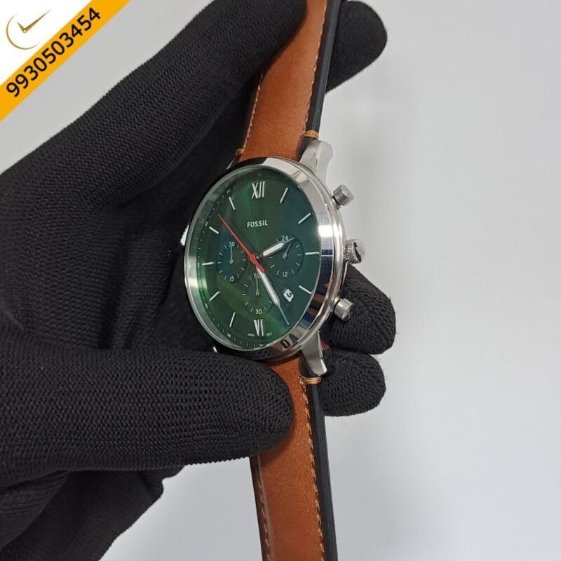 Fossil Neutra Chronograph Silver Green Dial Brown Leather Strap Swiss Watch - Image 2