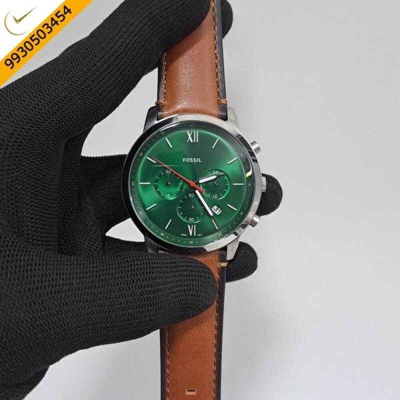 Fossil Neutra Chronograph Silver Green Dial Brown Leather Strap Swiss Watch