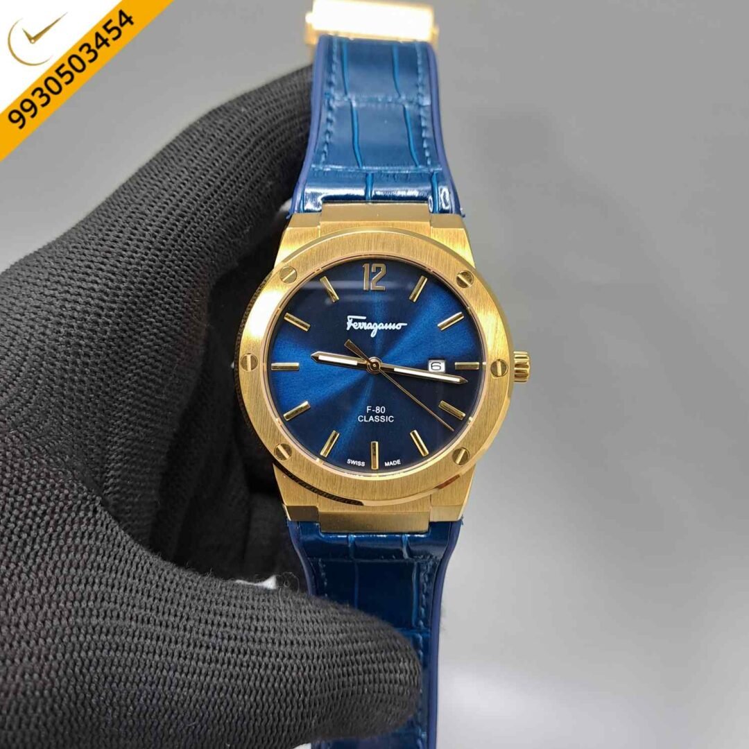 Ferragamo F-80 Classic Gold Blue Dial Blue Leather Swiss Watch