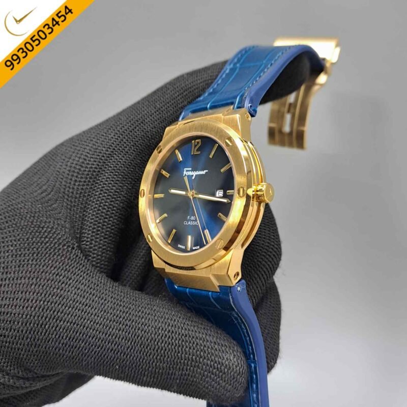 Ferragamo F-80 Classic Gold Blue Dial Blue Leather Swiss Watch - Image 2