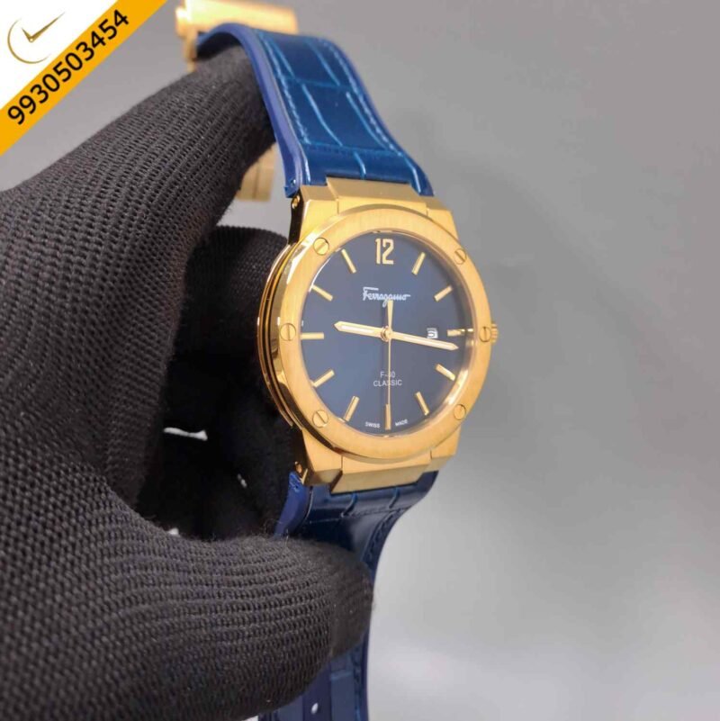 Ferragamo F-80 Classic Gold Blue Dial Blue Leather Swiss Watch - Image 3