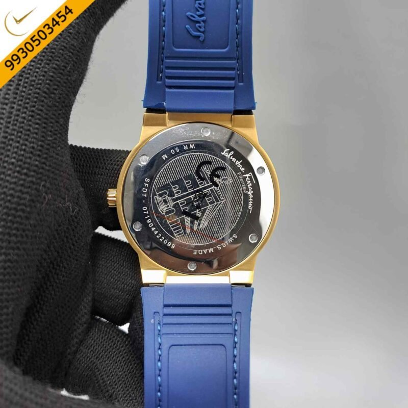Ferragamo F-80 Classic Gold Blue Dial Blue Leather Swiss Watch - Image 4