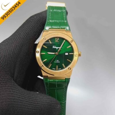Ferragamo F-80 Classic Gold Green Dial Green Leather Swiss Watch