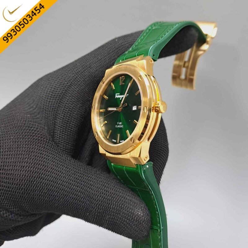 Ferragamo F-80 Classic Gold Green Dial Green Leather Swiss Watch - Image 2