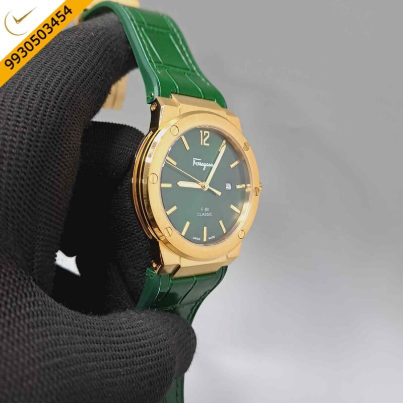 Ferragamo F-80 Classic Gold Green Dial Green Leather Swiss Watch - Image 3