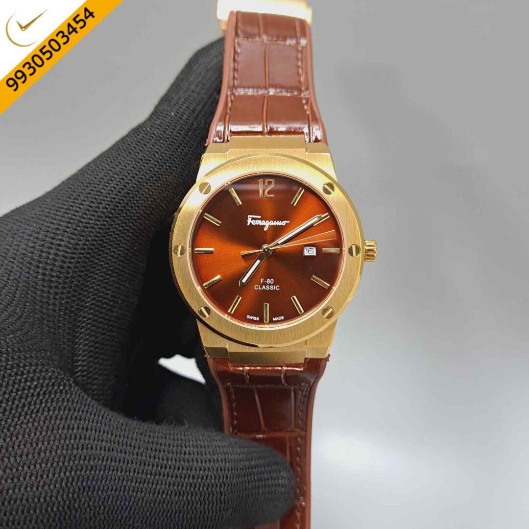 Ferragamo F-80 Classic Rose Gold Brown Dial Brown Leather Swiss Watch