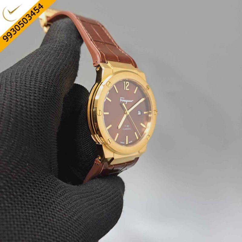 Ferragamo F-80 Classic Rose Gold Brown Dial Brown Leather Swiss Watch - Image 3
