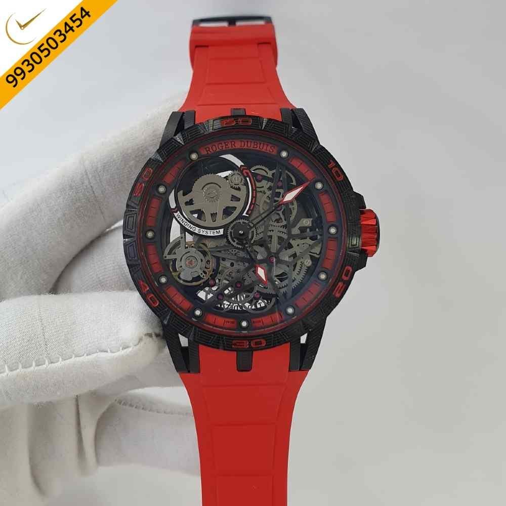 Roger Dubuis Oblvlo Cyber Skeleton Edition Black Dial Red Rubber Strap Swiss Automatic Watch