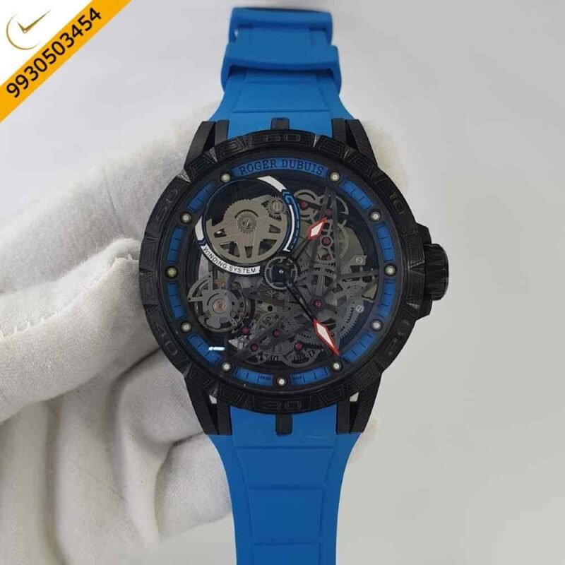 Roger Dubuis Oblvlo Cyber Skeleton Edition Black Dial Blue Rubber Strap Swiss Automatic Watch