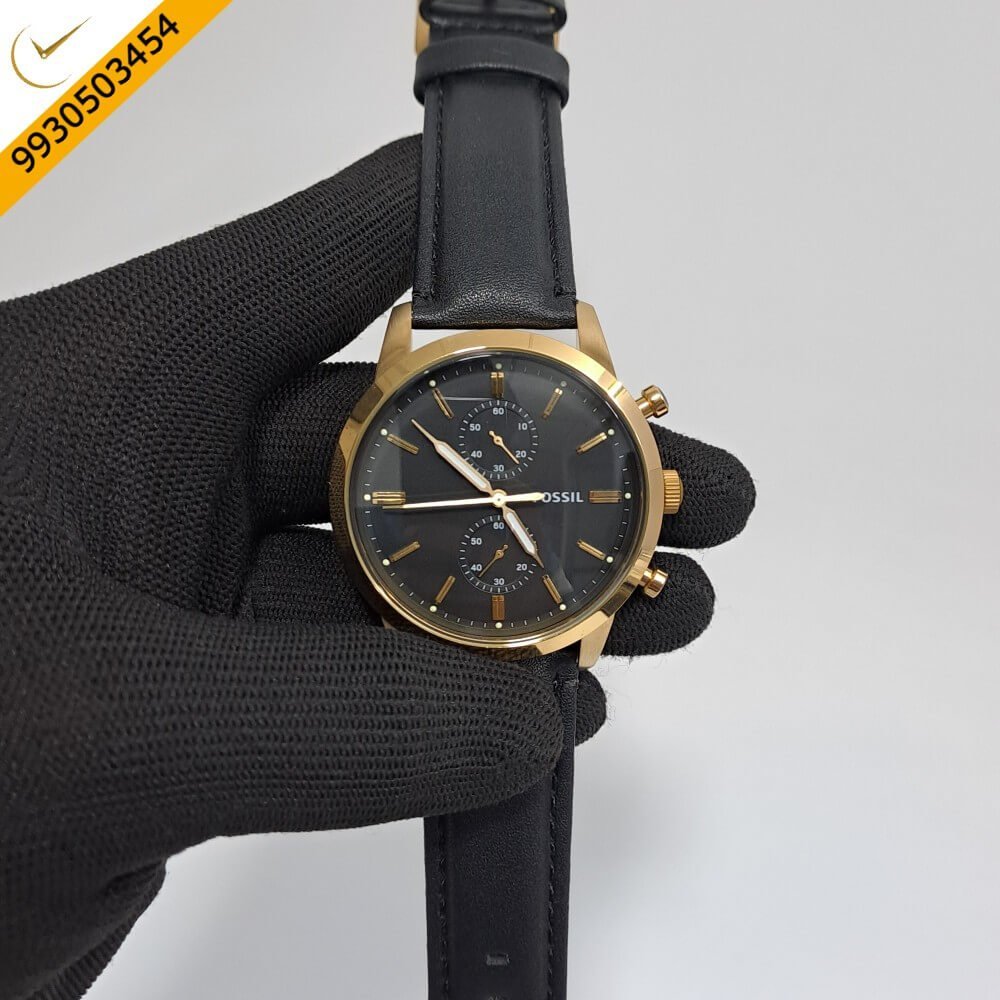 Fossil Townsman Men’s Watch Chronograph Gold Black Dial Black Leather Swiss Watch