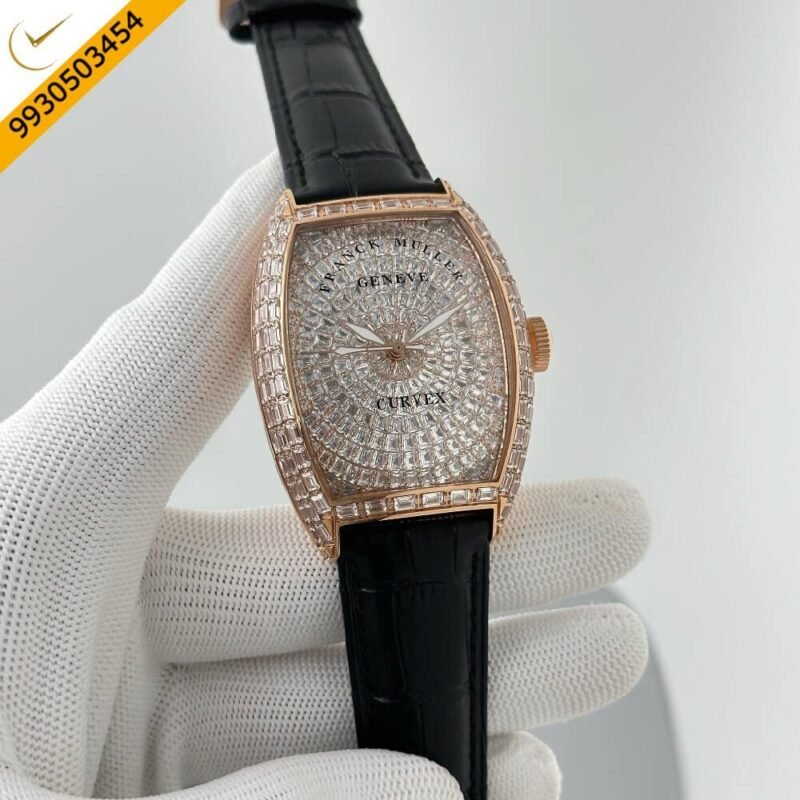 Franck Muller CASABLANCA Rose Gold White Diamond Dial Black Leather Strap Swiss Automatic Watch