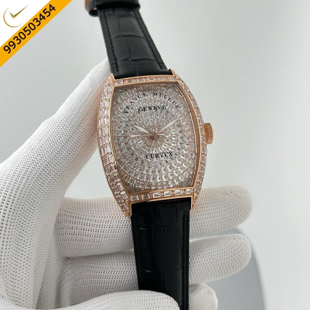 Franck Muller CASABLANCA Rose Gold White Diamond Dial Black Leather Strap Swiss Automatic Watch