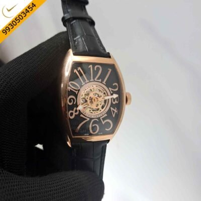 Franck Muller Cintree Curvex Rose Gold Black Dial Black Leather Strap Swiss Automatic Watch