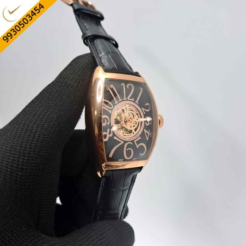 Franck Muller Cintree Curvex Rose Gold Black Dial Black Leather Strap Swiss Automatic Watch - Image 2