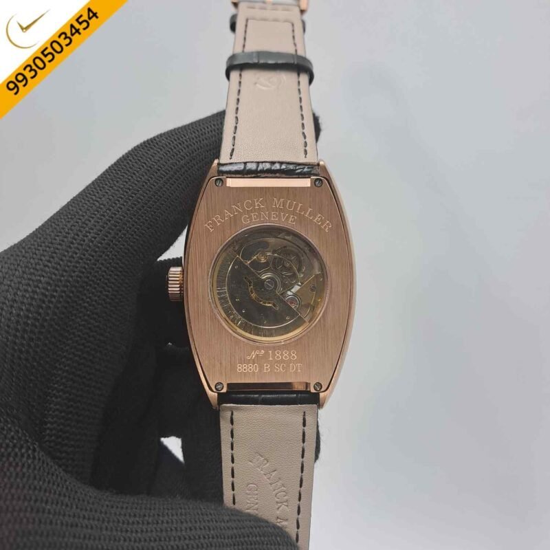 Franck Muller Cintree Curvex Rose Gold Black Dial Black Leather Strap Swiss Automatic Watch - Image 4