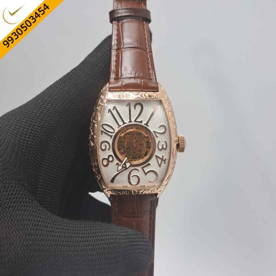 Franck Muller Cintree Curvex Rose Gold White Dial Brown Leather Strap Swiss Automatic Watch