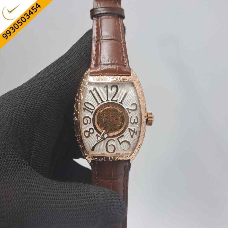 Franck Muller Cintree Curvex Rose Gold White Dial Brown Leather Strap Swiss Automatic Watch