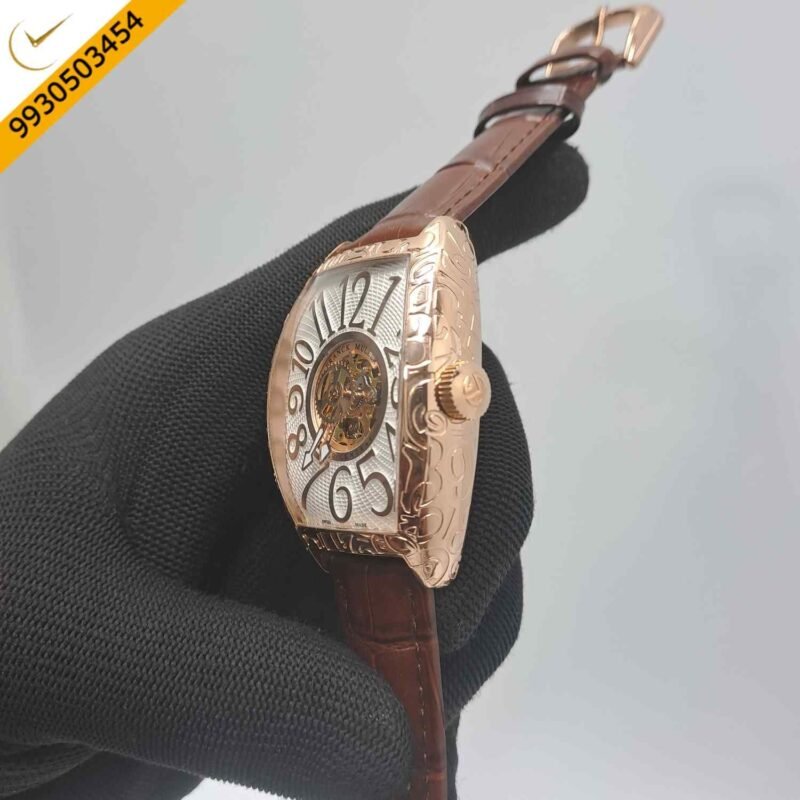 Franck Muller Cintree Curvex Rose Gold White Dial Brown Leather Strap Swiss Automatic Watch - Image 3