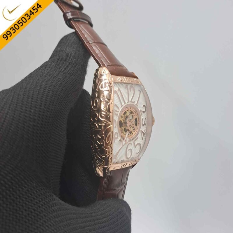 Franck Muller Cintree Curvex Rose Gold White Dial Brown Leather Strap Swiss Automatic Watch - Image 2
