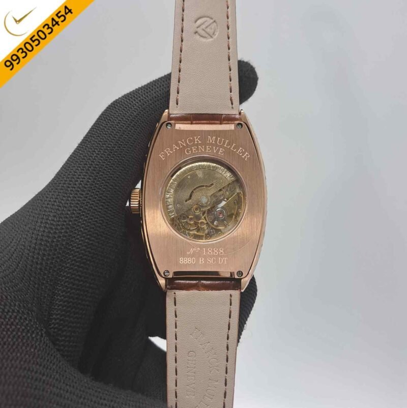 Franck Muller Cintree Curvex Rose Gold White Dial Brown Leather Strap Swiss Automatic Watch - Image 4
