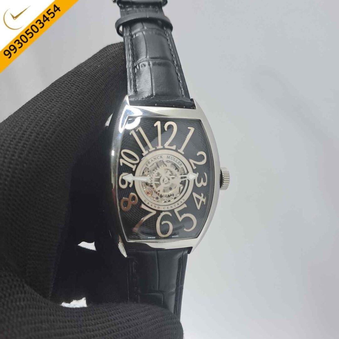 Franck Muller Cintree Curvex Silver Black Dial Black Leather Strap Swiss Automatic Watch