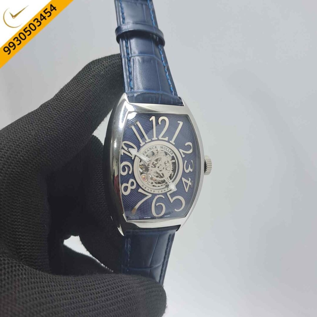 Franck Muller Cintree Curvex Silver Blue Dial Blue Leather Strap Swiss Automatic Watch