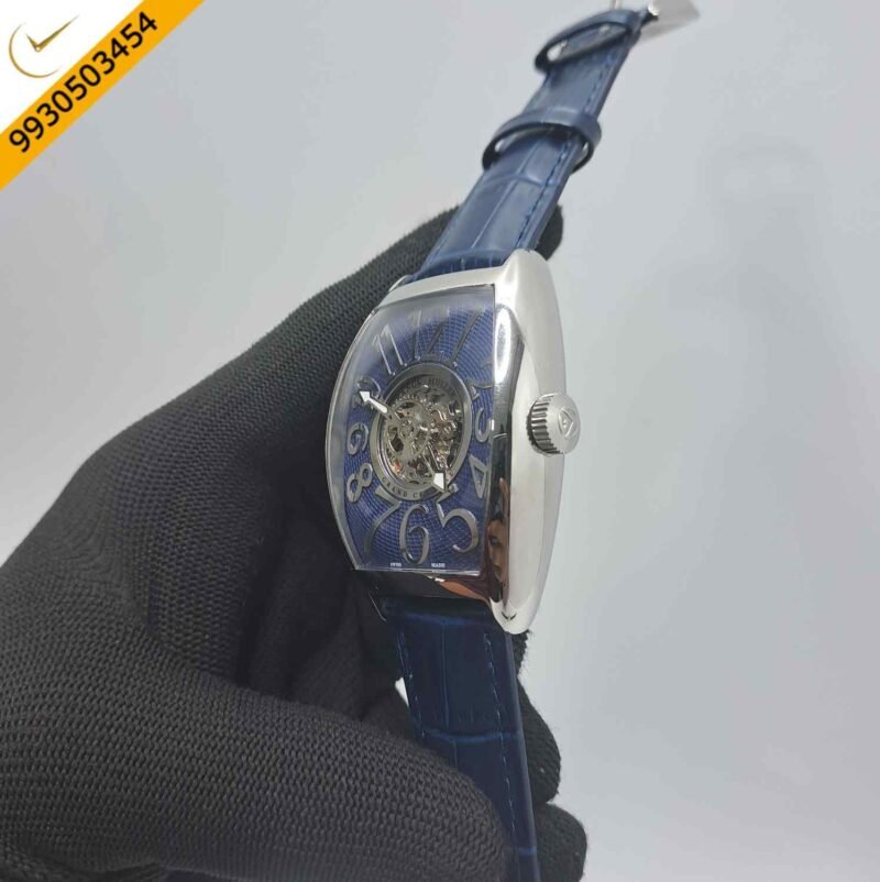 Franck Muller Cintree Curvex Silver Blue Dial Blue Leather Strap Swiss Automatic Watch - Image 3
