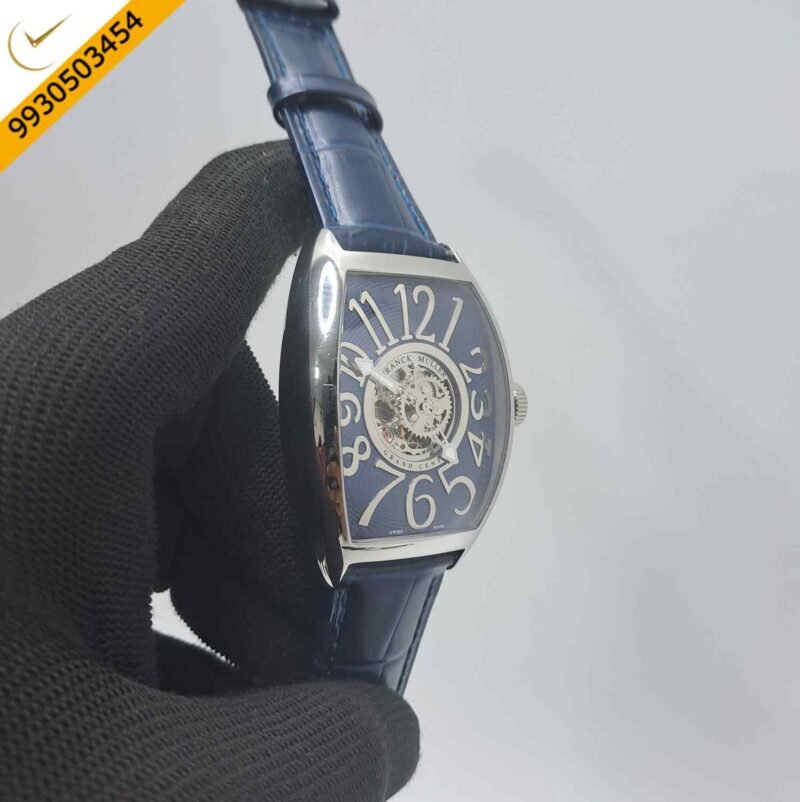 Franck Muller Cintree Curvex Silver Blue Dial Blue Leather Strap Swiss Automatic Watch - Image 2