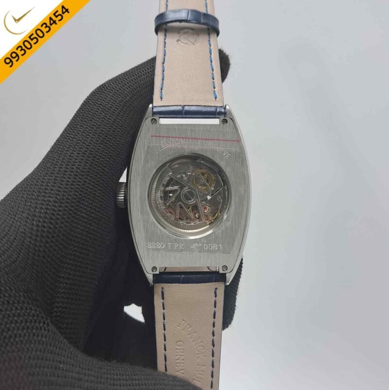 Franck Muller Cintree Curvex Silver Blue Dial Blue Leather Strap Swiss Automatic Watch - Image 4