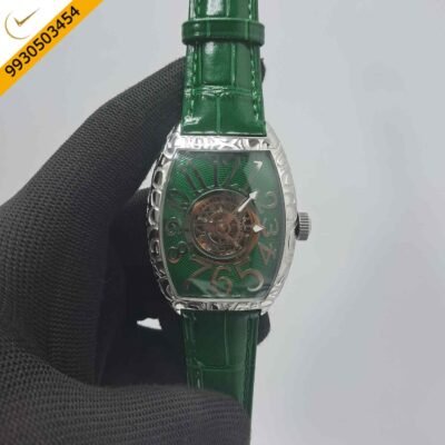 Franck Muller Cintree Curvex Silver Green Dial Green Leather Strap Swiss Automatic Watch