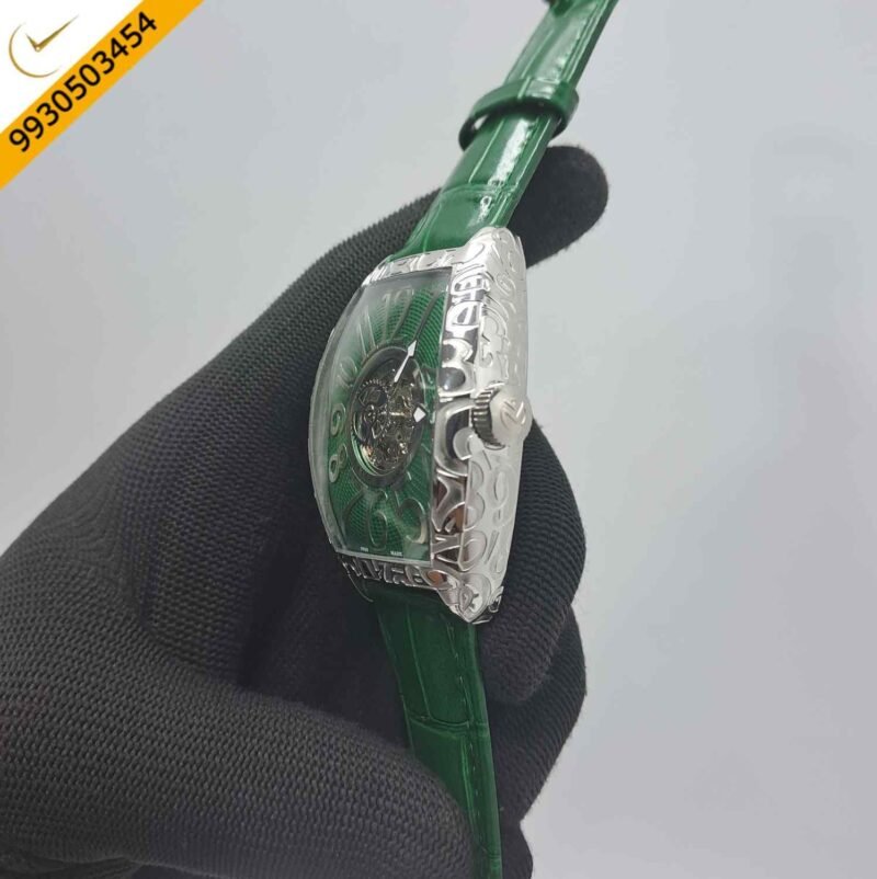 Franck Muller Cintree Curvex Silver Green Dial Green Leather Strap Swiss Automatic Watch - Image 3