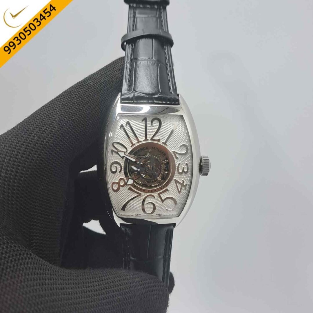Franck Muller Cintree Curvex Silver White Dial Black Leather Strap Swiss Automatic Watch