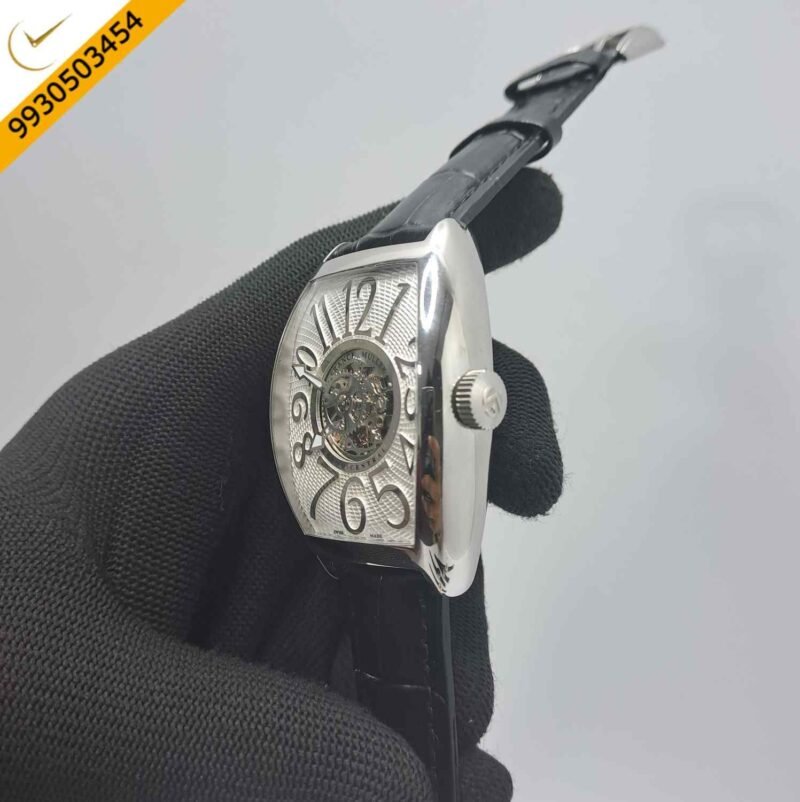 Franck Muller Cintree Curvex Silver White  Dial Black Leather Strap Swiss Automatic Watch - Image 3