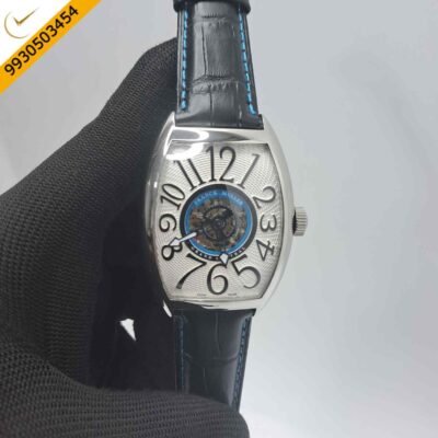 Franck Muller Cintree Curvex Silver White Dial Black Leather Strap Swiss Automatic Watch