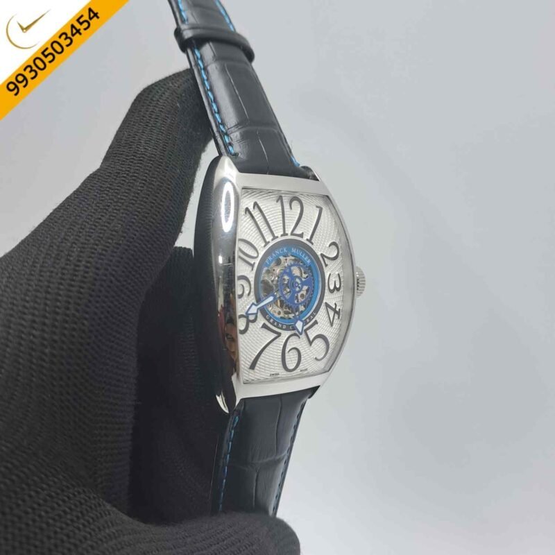 Franck Muller Cintree Curvex Silver White Dial Black Leather Strap Swiss Automatic Watch - Image 2