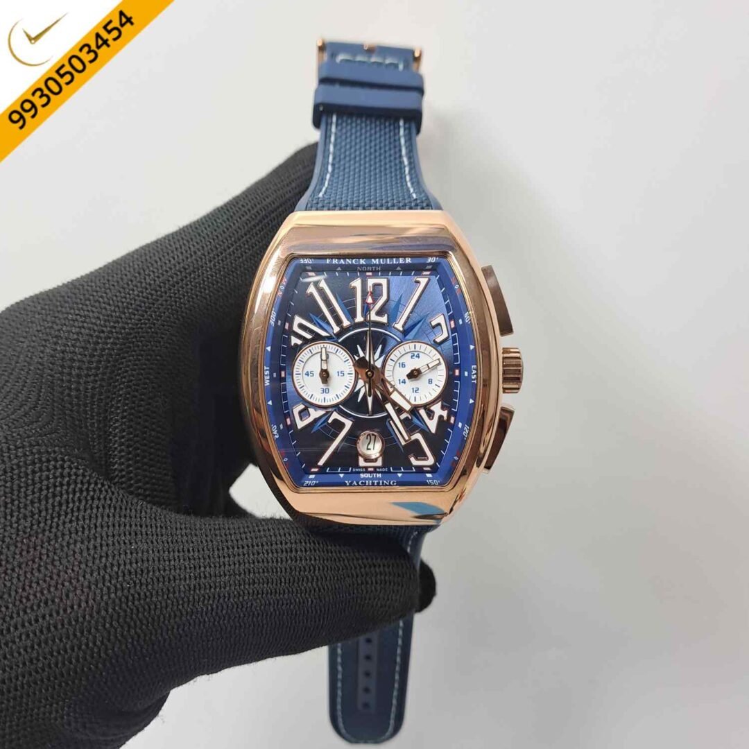 Franck Muller VANGAURD Chronograph Rose Gold Blue Dial Blue Leather Strap Swiss Watch