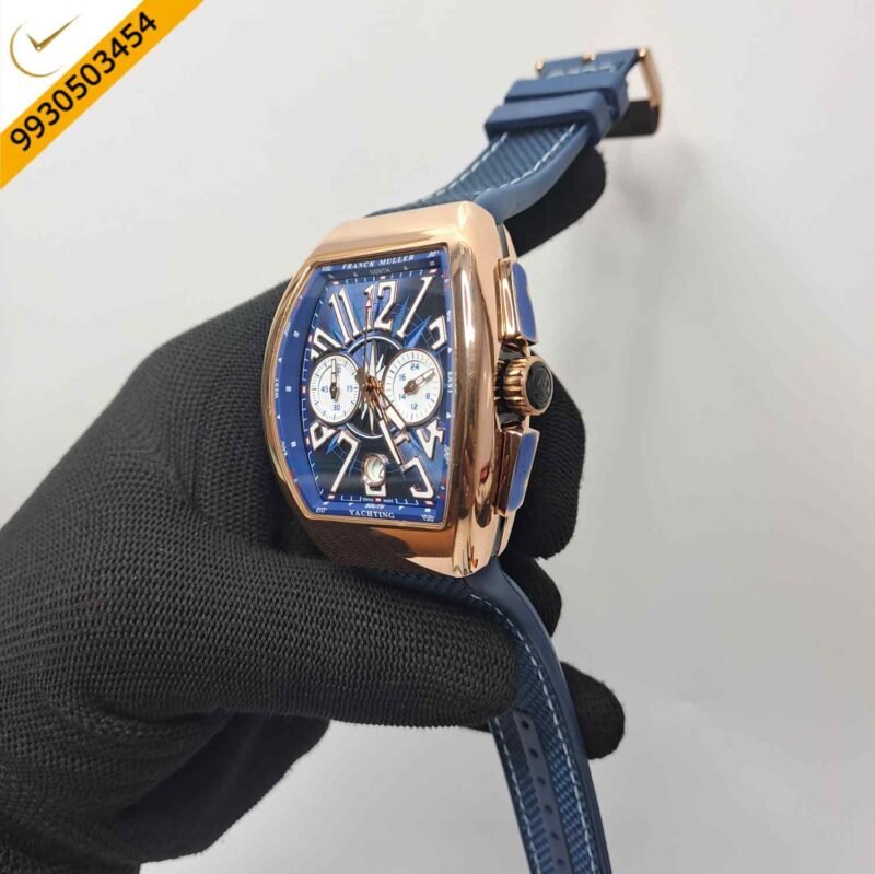 Franck Muller VANGAURD Chronograph Rose Gold Blue Dial Blue Leather Strap Swiss Watch - Image 2