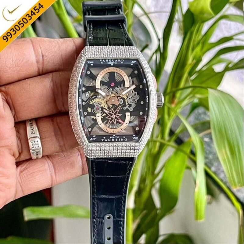 Franck Muller Vanguard Yachting Skeleton Dial Black Leather Strap Swiss Automatic Watch