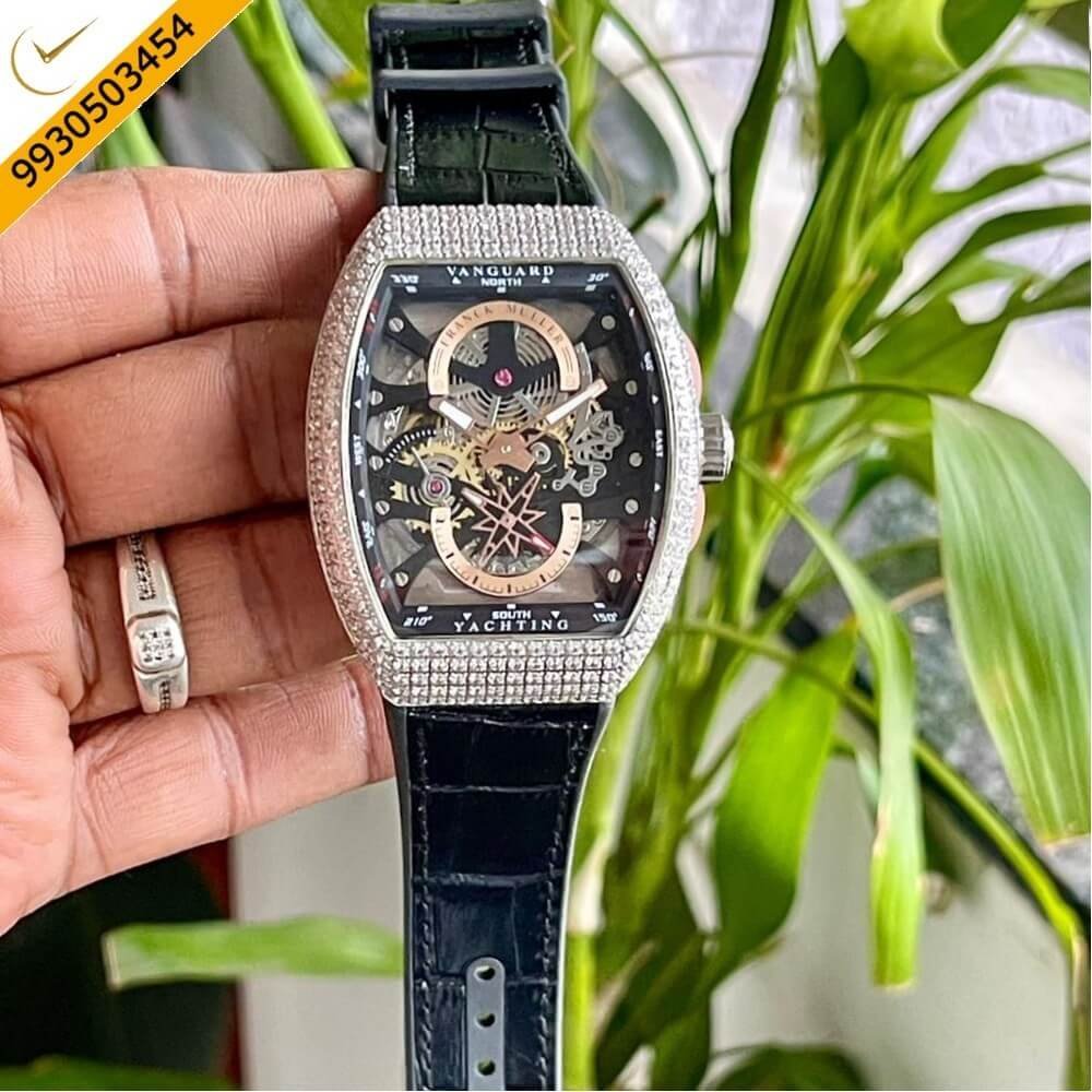Franck Muller Vanguard Yachting Skeleton Dial Black Leather Strap Swiss Automatic Watch
