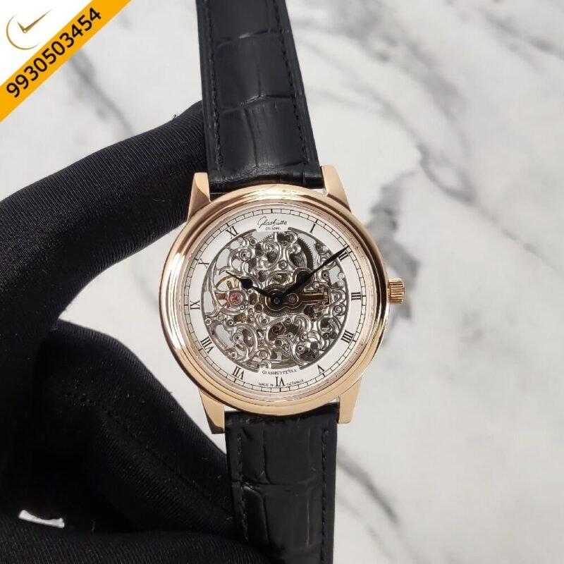 Glashutte Senator Skeletonized Edition Black Leather Strap Swiss Automatic Watch