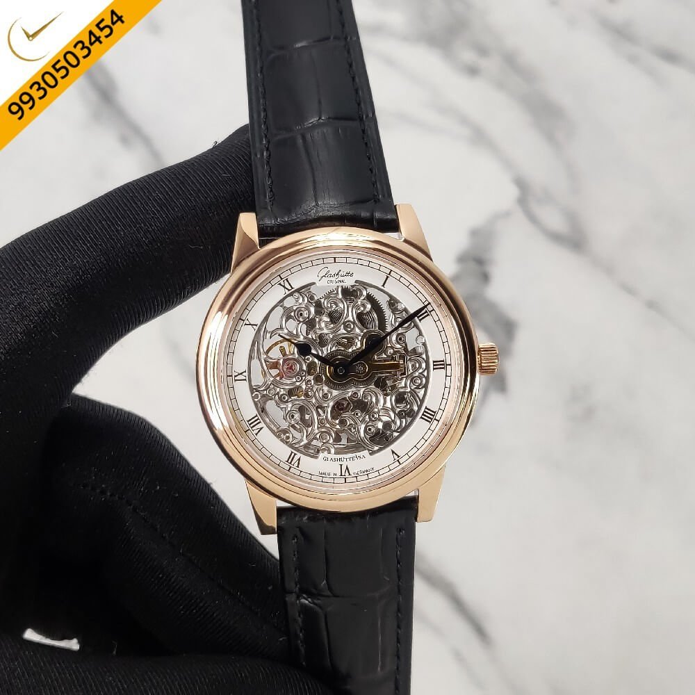 Glashutte Senator Skeletonized Edition Black Leather Strap Swiss Automatic Watch